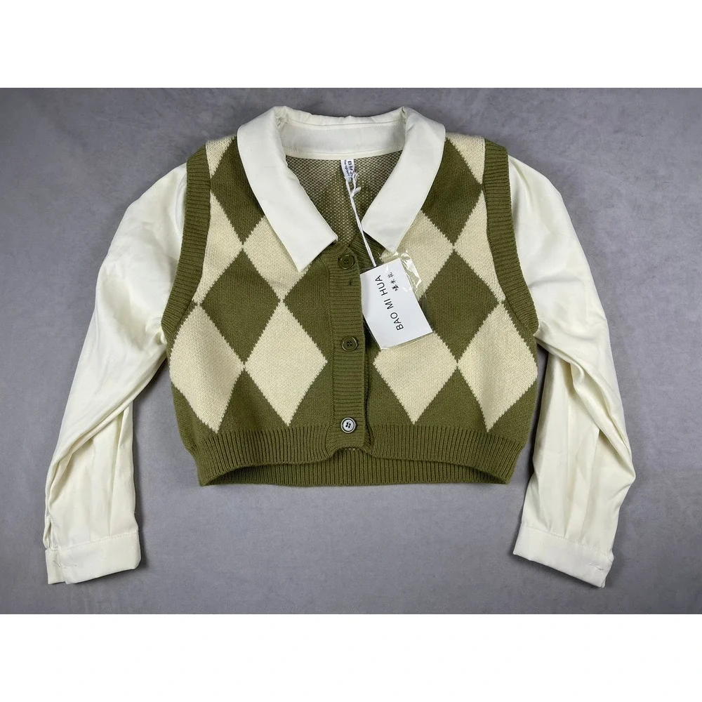 Bao Mi Hua Argyle Knit Cropped Cardigan Vest‎ & White Shirt Set Green Cream NEW